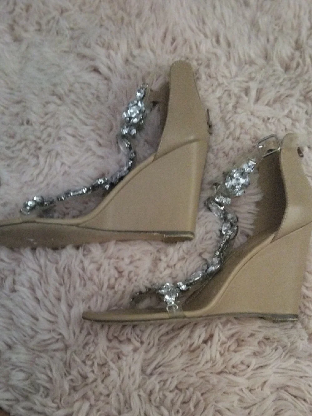 JustFab Tan Jeweled T-Strap Sandals with Clear Ankle Straps